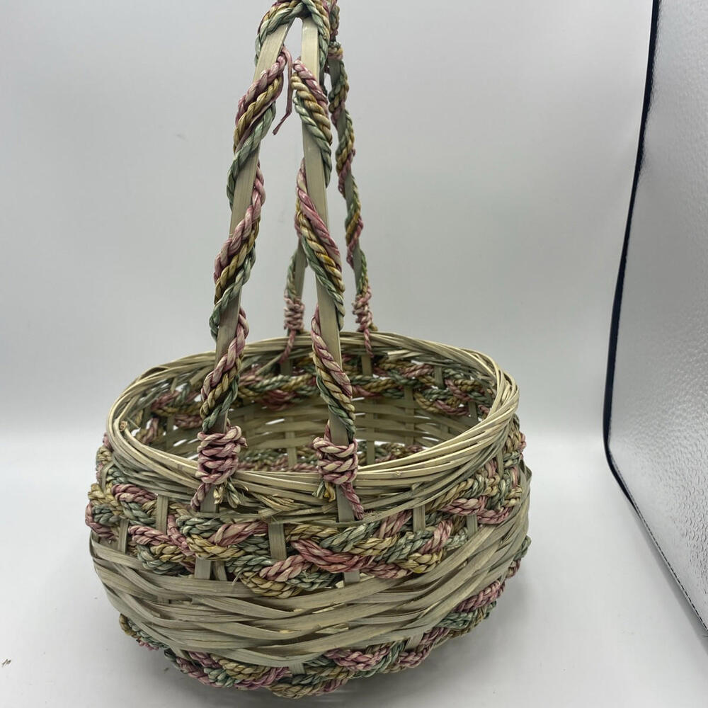 Vintage Easter Basket Woven Twisted Rope Wicker Round Pink Blue - Picture 2 of 7